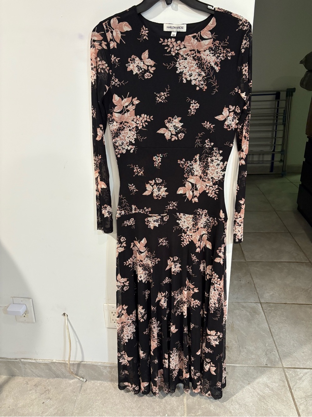Black Maxi Dress with Pink Floral Print